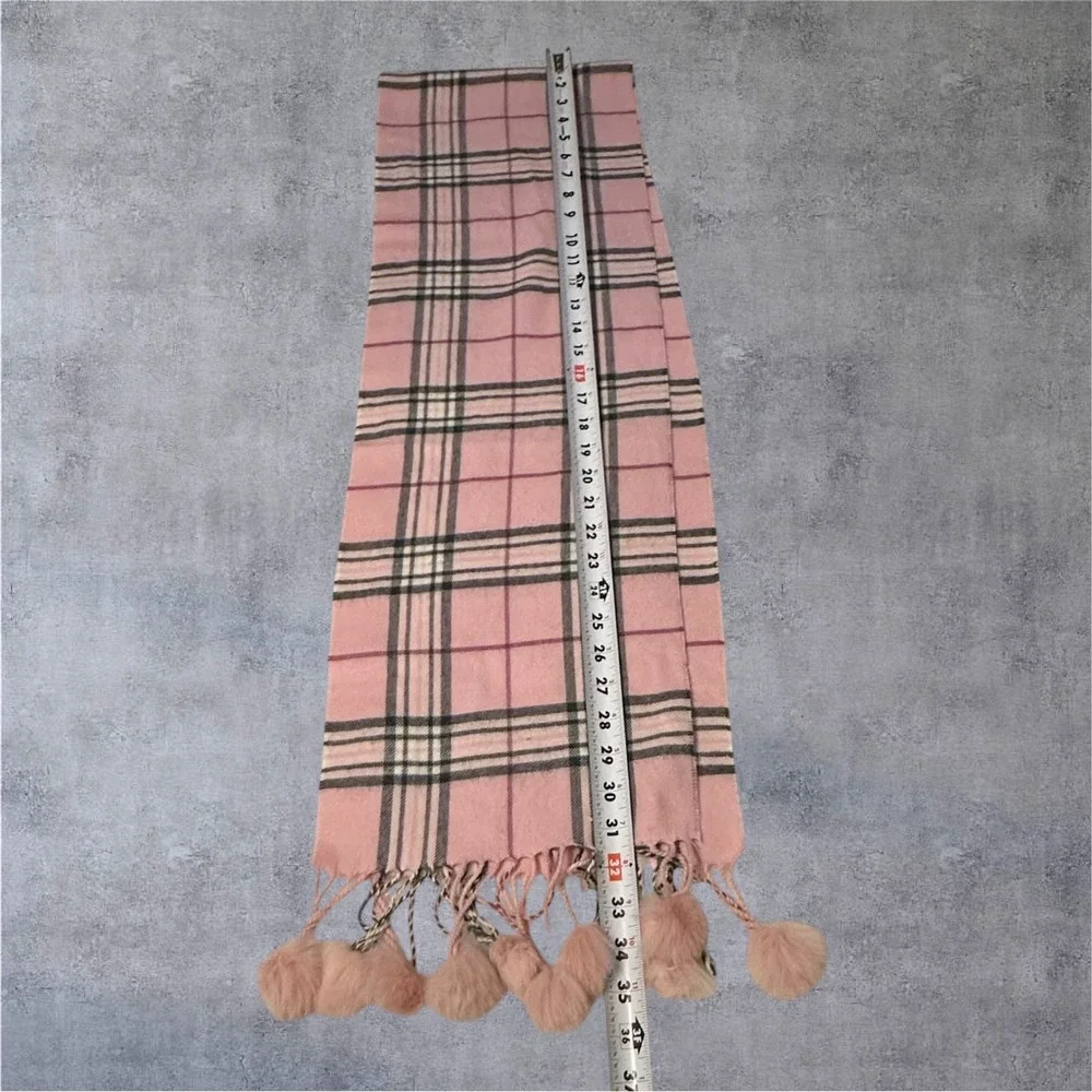 Preston‎ & York Plaid Scarf Womens 64x10 Pink Rabbit Fur Pom Pom Fringe